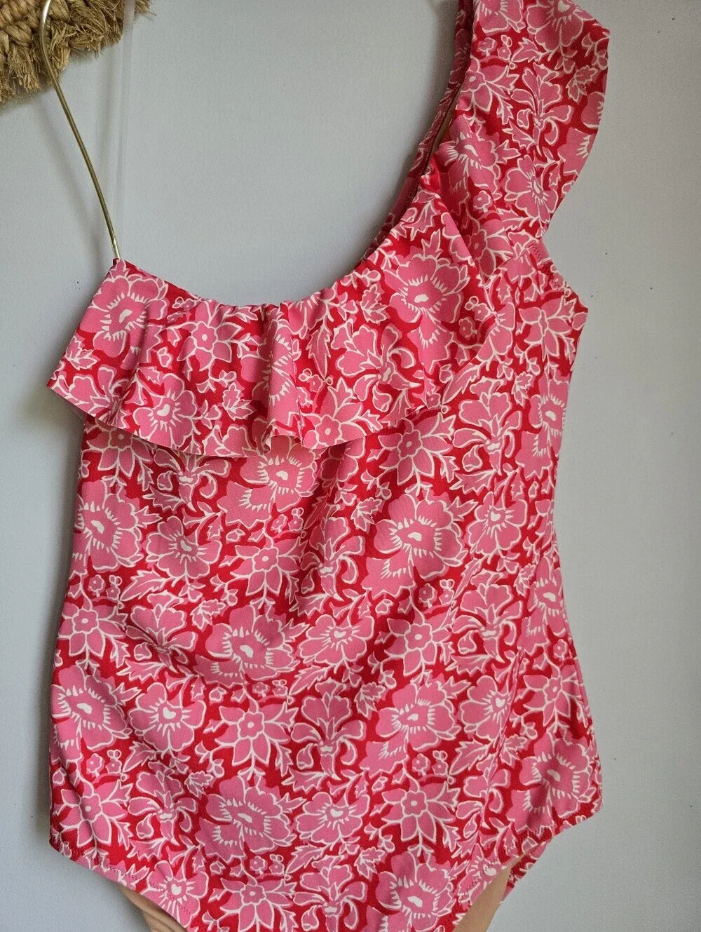 J. Crew NEW One Shoulder Ruffle One Piece Pink Red Floral Swimsuit SZ Large Chic